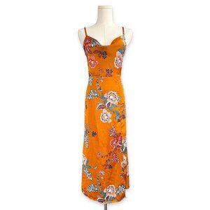 Cantonwalker Women Satin Slip Dress XS Cowl Neck Orange Floral Slit Sexy 90s Y2K